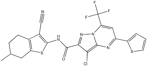 3-chloro-N-(3-cyano-6-methyl-4,5,6,7-tetrahydro-1-benzothien-2-yl)-5-(2-thienyl)-7-(trifluoromethyl)pyrazolo[1,5-a]pyrimidine-2-carboxamide Struktur