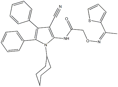 N-(3-cyano-1-cyclohexyl-4,5-diphenyl-1H-pyrrol-2-yl)-2-({[1-(2-thienyl)ethylidene]amino}oxy)acetamide Struktur