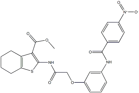 methyl 2-({[3-({4-nitrobenzoyl}amino)phenoxy]acetyl}amino)-4,5,6,7-tetrahydro-1-benzothiophene-3-carboxylate Struktur