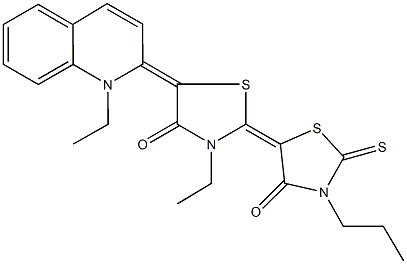 3-ethyl-5-(1-ethyl-2(1H)-quinolinylidene)-3'-propyl-2'-thioxo-2,5'-bis[1,3-thiazolidin-2-ylidene]-4,4'-dione Struktur