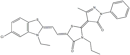 5-[2-(5-chloro-3-ethyl-1,3-benzothiazol-2(3H)-ylidene)ethylidene]-2-(3-methyl-5-oxo-1-phenyl-1,5-dihydro-4H-pyrazol-4-ylidene)-3-propyl-1,3-thiazolidin-4-one Struktur