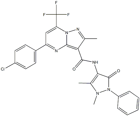 5-(4-chlorophenyl)-N-(1,5-dimethyl-3-oxo-2-phenyl-2,3-dihydro-1H-pyrazol-4-yl)-2-methyl-7-(trifluoromethyl)pyrazolo[1,5-a]pyrimidine-3-carboxamide Struktur