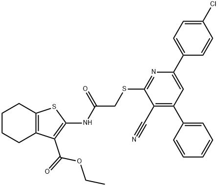 ethyl 2-[({[6-(4-chlorophenyl)-3-cyano-4-phenyl-2-pyridinyl]sulfanyl}acetyl)amino]-4,5,6,7-tetrahydro-1-benzothiophene-3-carboxylate Struktur