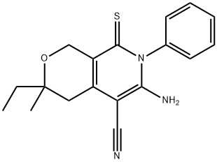 6-amino-3-ethyl-3-methyl-7-phenyl-8-thioxo-3,4,7,8-tetrahydro-1H-pyrano[3,4-c]pyridine-5-carbonitrile Struktur