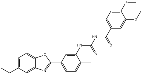 N-(3,4-dimethoxybenzoyl)-N'-[5-(5-ethyl-1,3-benzoxazol-2-yl)-2-methylphenyl]thiourea Struktur