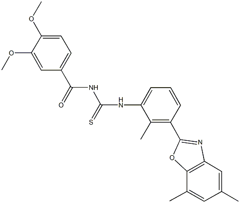 N-(3,4-dimethoxybenzoyl)-N'-[3-(5,7-dimethyl-1,3-benzoxazol-2-yl)-2-methylphenyl]thiourea Struktur