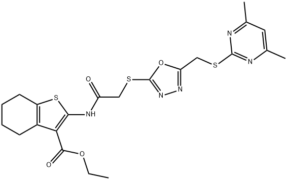 ethyl 2-({[(5-{[(4,6-dimethyl-2-pyrimidinyl)sulfanyl]methyl}-1,3,4-oxadiazol-2-yl)sulfanyl]acetyl}amino)-4,5,6,7-tetrahydro-1-benzothiophene-3-carboxylate Struktur