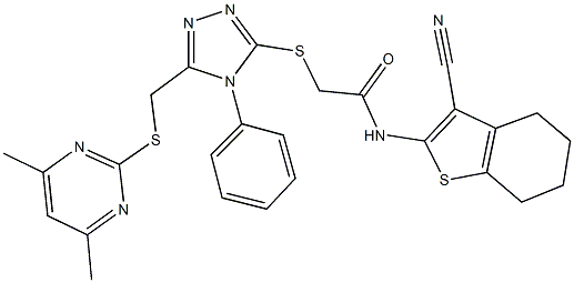 N-(3-cyano-4,5,6,7-tetrahydro-1-benzothien-2-yl)-2-[(5-{[(4,6-dimethyl-2-pyrimidinyl)sulfanyl]methyl}-4-phenyl-4H-1,2,4-triazol-3-yl)sulfanyl]acetamide Struktur