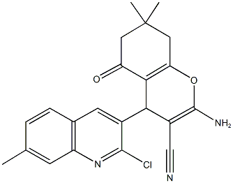 2-amino-4-(2-chloro-7-methyl-3-quinolinyl)-7,7-dimethyl-5-oxo-5,6,7,8-tetrahydro-4H-chromene-3-carbonitrile Struktur