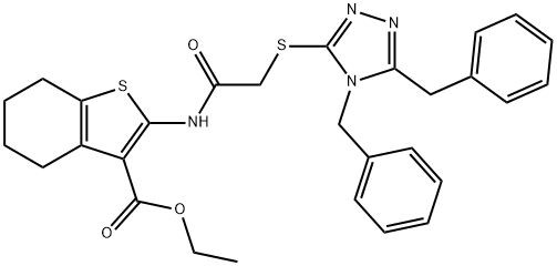 ethyl 2-({[(4,5-dibenzyl-4H-1,2,4-triazol-3-yl)sulfanyl]acetyl}amino)-4,5,6,7-tetrahydro-1-benzothiophene-3-carboxylate Struktur