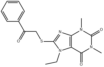 7-ethyl-1,3-dimethyl-8-[(2-oxo-2-phenylethyl)sulfanyl]-3,7-dihydro-1H-purine-2,6-dione Struktur