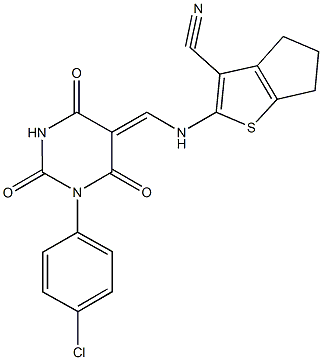 2-({[1-(4-chlorophenyl)-4-hydroxy-2,6-dioxo-1,6-dihydro-5(2H)-pyrimidinylidene]methyl}amino)-5,6-dihydro-4H-cyclopenta[b]thiophene-3-carbonitrile Struktur