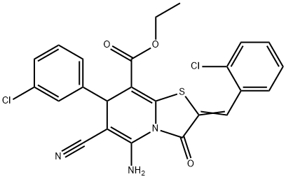 ethyl 5-amino-2-(2-chlorobenzylidene)-7-(3-chlorophenyl)-6-cyano-3-oxo-2,3-dihydro-7H-[1,3]thiazolo[3,2-a]pyridine-8-carboxylate Struktur