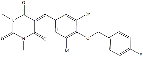 5-{3,5-dibromo-4-[(4-fluorobenzyl)oxy]benzylidene}-1,3-dimethyl-2,4,6(1H,3H,5H)-pyrimidinetrione Struktur