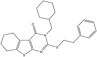 3-(cyclohexylmethyl)-2-[(2-phenylethyl)sulfanyl]-5,6,7,8-tetrahydro[1]benzothieno[2,3-d]pyrimidin-4(3H)-one Struktur