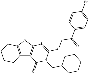 2-{[2-(4-bromophenyl)-2-oxoethyl]sulfanyl}-3-(cyclohexylmethyl)-5,6,7,8-tetrahydro[1]benzothieno[2,3-d]pyrimidin-4(3H)-one Struktur