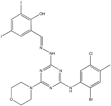 2-hydroxy-3,5-diiodobenzaldehyde [4-(2-bromo-5-chloro-4-methylanilino)-6-(4-morpholinyl)-1,3,5-triazin-2-yl]hydrazone Struktur