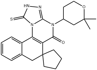 4-(2,2-dimethyltetrahydro-2H-pyran-4-yl)-1-sulfanyl-6,7-dihydrospiro(benzo[h][1,2,4]triazolo[4,3-a]quinazoline-6,1'-cyclopentane)-5(4H)-one Struktur