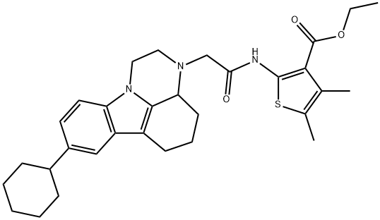 ethyl 2-{[(8-cyclohexyl-1,2,3a,4,5,6-hexahydro-3H-pyrazino[3,2,1-jk]carbazol-3-yl)acetyl]amino}-4,5-dimethyl-3-thiophenecarboxylate Struktur