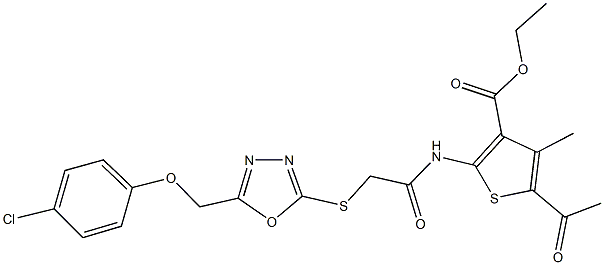 ethyl 5-acetyl-2-{[({5-[(4-chlorophenoxy)methyl]-1,3,4-oxadiazol-2-yl}sulfanyl)acetyl]amino}-4-methyl-3-thiophenecarboxylate Struktur