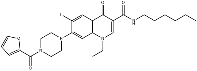 1-ethyl-6-fluoro-7-[4-(2-furoyl)-1-piperazinyl]-N-hexyl-4-oxo-1,4-dihydro-3-quinolinecarboxamide Struktur