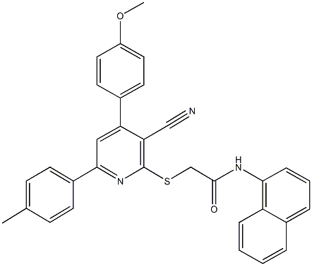 2-{[3-cyano-4-(4-methoxyphenyl)-6-(4-methylphenyl)-2-pyridinyl]sulfanyl}-N-(1-naphthyl)acetamide Struktur