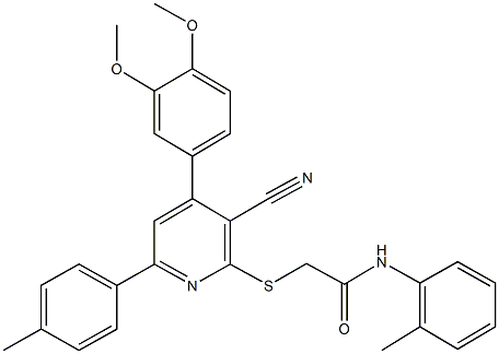 2-{[3-cyano-4-(3,4-dimethoxyphenyl)-6-(4-methylphenyl)-2-pyridinyl]sulfanyl}-N-(2-methylphenyl)acetamide Struktur