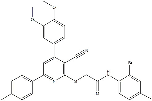 N-(2-bromo-4-methylphenyl)-2-{[3-cyano-4-(3,4-dimethoxyphenyl)-6-(4-methylphenyl)-2-pyridinyl]sulfanyl}acetamide Struktur