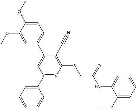 2-{[3-cyano-4-(3,4-dimethoxyphenyl)-6-phenyl-2-pyridinyl]sulfanyl}-N-(2-ethylphenyl)acetamide Struktur