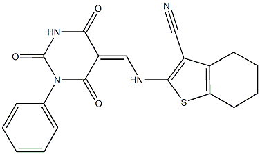 2-{[(2,4,6-trioxo-1-phenyltetrahydro-5(2H)-pyrimidinylidene)methyl]amino}-4,5,6,7-tetrahydro-1-benzothiophene-3-carbonitrile Struktur