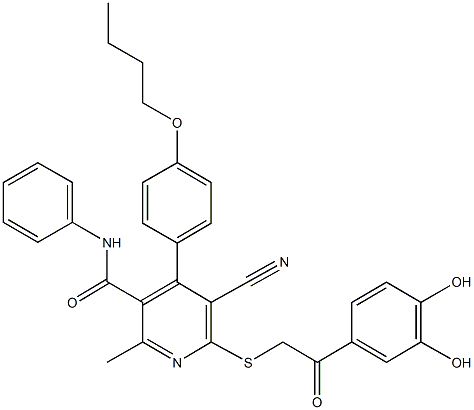 4-(4-butoxyphenyl)-5-cyano-6-{[2-(3,4-dihydroxyphenyl)-2-oxoethyl]sulfanyl}-2-methyl-N-phenylnicotinamide Struktur