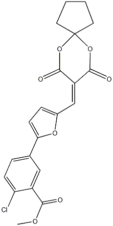 methyl 2-chloro-5-{5-[(7,9-dioxo-6,10-dioxaspiro[4.5]dec-8-ylidene)methyl]furan-2-yl}benzoate Struktur