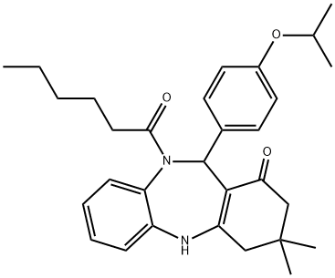 10-hexanoyl-11-(4-isopropoxyphenyl)-3,3-dimethyl-2,3,4,5,10,11-hexahydro-1H-dibenzo[b,e][1,4]diazepin-1-one Struktur