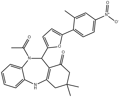 10-acetyl-11-(5-{4-nitro-2-methylphenyl}-2-furyl)-3,3-dimethyl-2,3,4,5,10,11-hexahydro-1H-dibenzo[b,e][1,4]diazepin-1-one Struktur