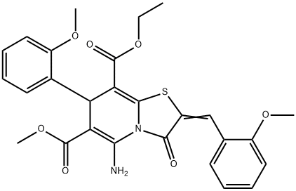 8-ethyl 6-methyl 5-amino-2-(2-methoxybenzylidene)-7-(2-methoxyphenyl)-3-oxo-2,3-dihydro-7H-[1,3]thiazolo[3,2-a]pyridine-6,8-dicarboxylate Struktur