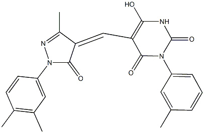 5-{[1-(3,4-dimethylphenyl)-3-methyl-5-oxo-1,5-dihydro-4H-pyrazol-4-ylidene]methyl}-6-hydroxy-3-(3-methylphenyl)-2,4(1H,3H)-pyrimidinedione Struktur