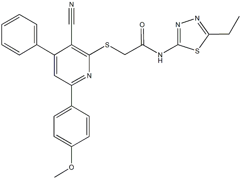 2-{[3-cyano-6-(4-methoxyphenyl)-4-phenyl-2-pyridinyl]sulfanyl}-N-(5-ethyl-1,3,4-thiadiazol-2-yl)acetamide Struktur