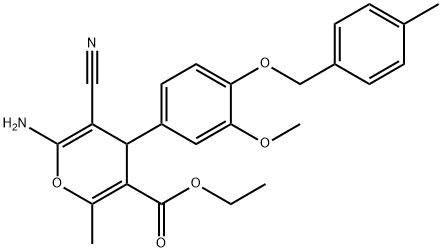 ethyl 6-amino-5-cyano-4-{3-methoxy-4-[(4-methylbenzyl)oxy]phenyl}-2-methyl-4H-pyran-3-carboxylate Struktur