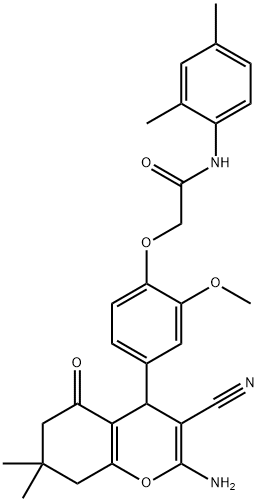 2-[4-(2-amino-3-cyano-7,7-dimethyl-5-oxo-5,6,7,8-tetrahydro-4H-chromen-4-yl)-2-methoxyphenoxy]-N-(2,4-dimethylphenyl)acetamide Struktur