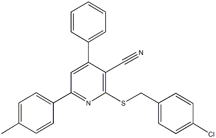 2-[(4-chlorobenzyl)sulfanyl]-6-(4-methylphenyl)-4-phenylnicotinonitrile Struktur