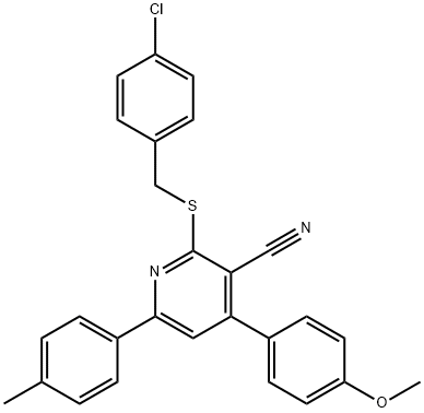 2-[(4-chlorobenzyl)sulfanyl]-4-(4-methoxyphenyl)-6-(4-methylphenyl)nicotinonitrile Struktur