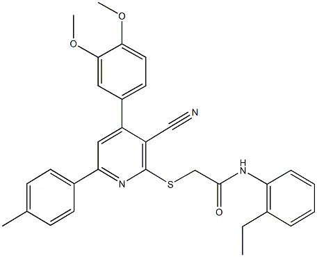 2-{[3-cyano-4-(3,4-dimethoxyphenyl)-6-(4-methylphenyl)-2-pyridinyl]sulfanyl}-N-(2-ethylphenyl)acetamide Struktur