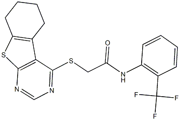 2-(5,6,7,8-tetrahydro[1]benzothieno[2,3-d]pyrimidin-4-ylsulfanyl)-N-[2-(trifluoromethyl)phenyl]acetamide Struktur