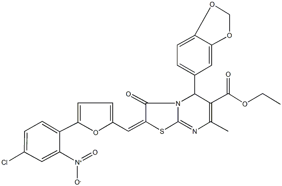 ethyl 5-(1,3-benzodioxol-5-yl)-2-[(5-{4-chloro-2-nitrophenyl}-2-furyl)methylene]-7-methyl-3-oxo-2,3-dihydro-5H-[1,3]thiazolo[3,2-a]pyrimidine-6-carboxylate Struktur