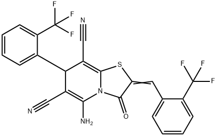 5-amino-3-oxo-2-[2-(trifluoromethyl)benzylidene]-7-[2-(trifluoromethyl)phenyl]-2,3-dihydro-7H-[1,3]thiazolo[3,2-a]pyridine-6,8-dicarbonitrile Struktur