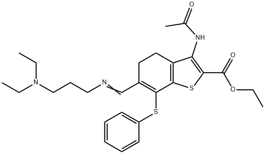 ethyl 3-(acetylamino)-6-({[3-(diethylamino)propyl]imino}methyl)-7-(phenylsulfanyl)-4,5-dihydro-1-benzothiophene-2-carboxylate Struktur