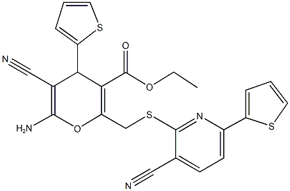 ethyl 6-amino-5-cyano-2-({[3-cyano-6-(2-thienyl)-2-pyridinyl]sulfanyl}methyl)-4-(2-thienyl)-4H-pyran-3-carboxylate Struktur