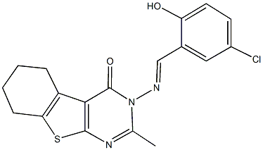 3-[(5-chloro-2-hydroxybenzylidene)amino]-2-methyl-5,6,7,8-tetrahydro[1]benzothieno[2,3-d]pyrimidin-4(3H)-one Struktur