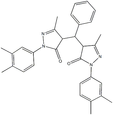 2-(3,4-dimethylphenyl)-4-[[1-(3,4-dimethylphenyl)-3-methyl-5-oxo-4,5-dihydro-1H-pyrazol-4-yl](phenyl)methyl]-5-methyl-2,4-dihydro-3H-pyrazol-3-one Struktur