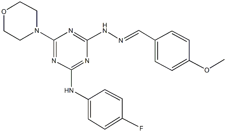 4-methoxybenzaldehyde [4-(4-fluoroanilino)-6-(4-morpholinyl)-1,3,5-triazin-2-yl]hydrazone Struktur